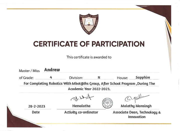 Preview of Certificate of Participation — Robotics with mBot @IHS, after school program