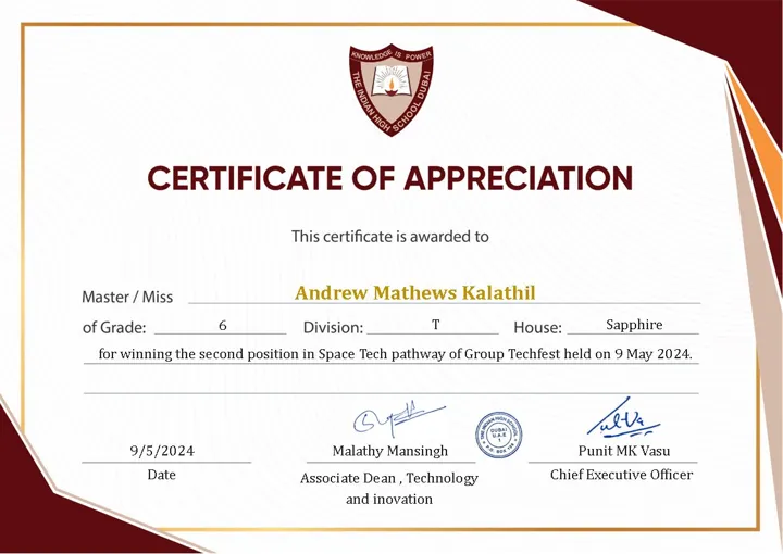 Preview of Certificate of Appreciation — 2nd Position, Space Tech pathway