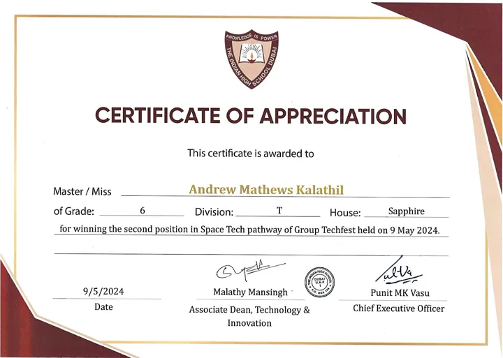 Preview of Certificate of Appreciation — 2nd Position, Space Tech pathway