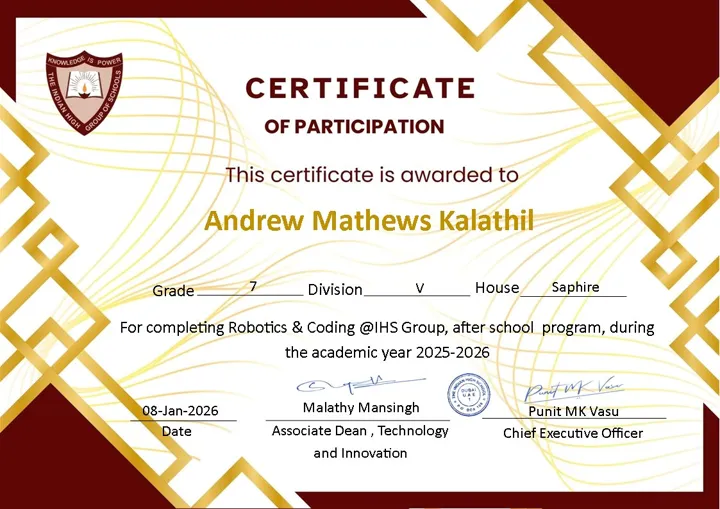 Preview of Certificate of Participation — Robotics & Coding @IHS, after school program