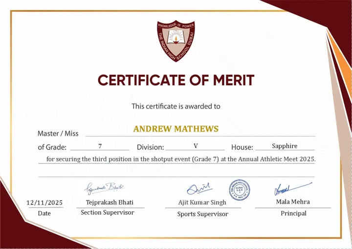 Preview of Certificate of Merit — Third position, Shot Put (Grade 7)
