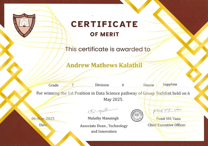 Preview of Certificate of Merit — 1st Position, Data Science pathway